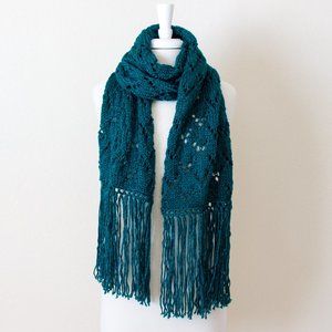 Hand Knit Boho Fringe Scarf for Women, Lace Knit Thick Soft Scarf Fall Winter